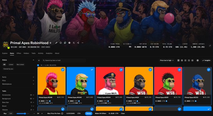 A screenshot of a NFT marketplace showing a collection called 'Primal Apes RobinHood' with various ape character listings and market statistics.