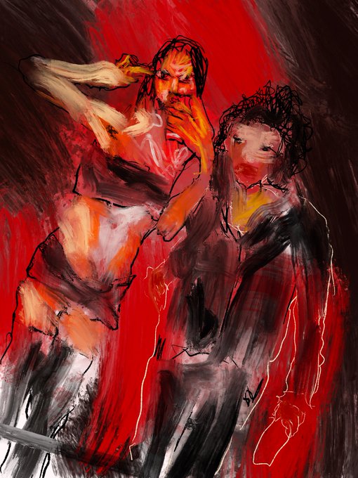 The image features a digital art piece that depicts two people standing next to each other, with one person holding their hand up to their face as if they are making a funny or strange face for the camera. The background of the painting is red, which adds intensity and emotion to the scene. The artist has used a technique called "petals only" in this piece, where only the petals of flowers are visible while the rest of the flower remains hidden beneath them. This artistic choice creates a sense of mystery and intrigue around the image.