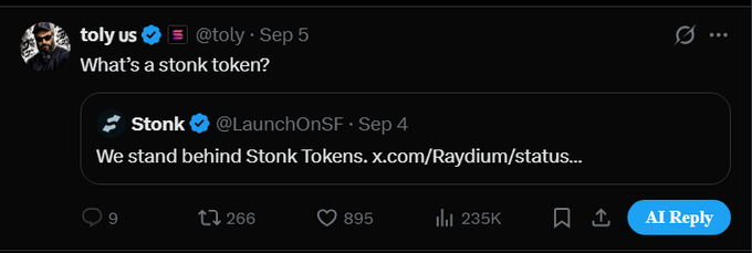 A tweet from toly us (@toly) asking 'What's a stonk token?' quoting a post from Stonk (@LaunchOnSF) that says 'We stand behind Stonk Tokens.'
