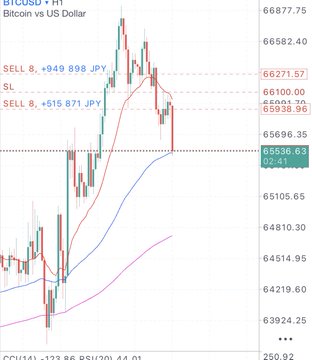 A Bitcoin/USD hourly chart showing a recent price decline from around $66,877 with two sell signals (at 66271.57 and 66100.00), indicating short positions that align with the post's celebration of a profitable bearish trade.