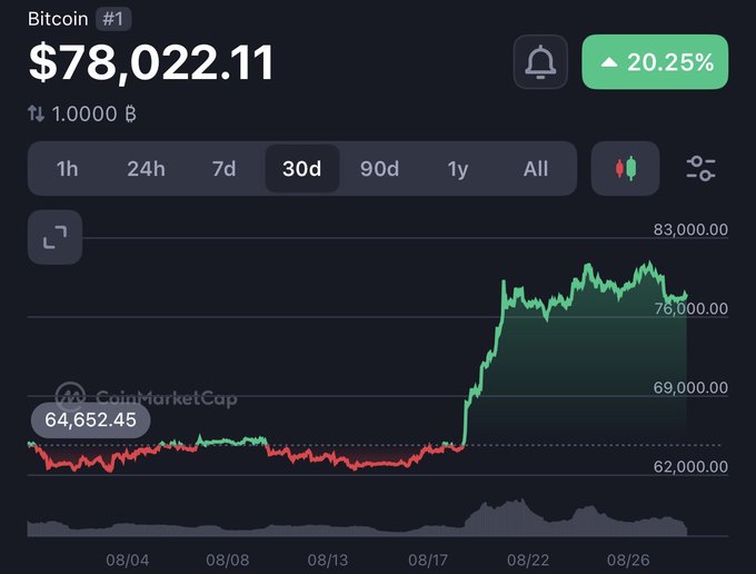 A CoinMarketCap screenshot showing Bitcoin (#1) priced at $78,022.11, up 20.25% over 30 days.