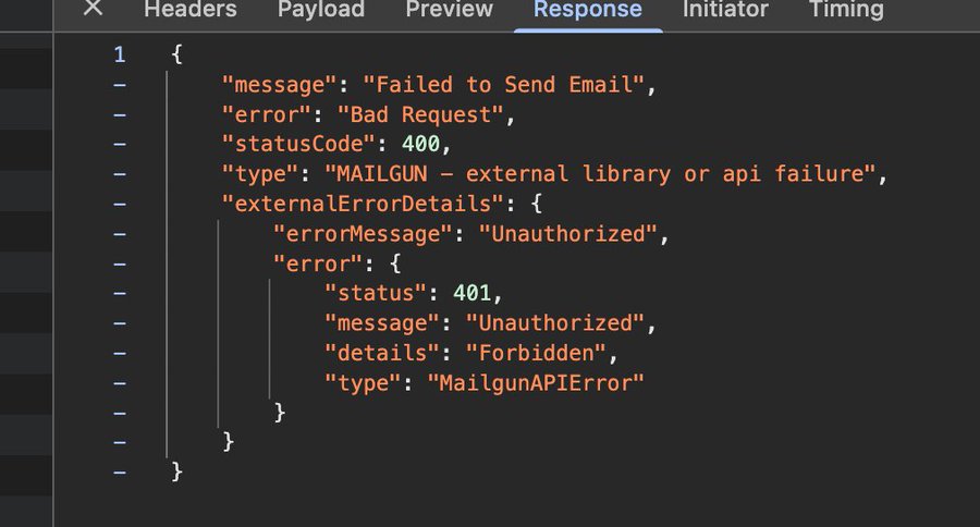 A browser developer tools response panel displaying a JSON error message: 'Failed to Send Email' with a 400 status code and nested MailgunAPIError details indicating 'Unauthorized' and 'Forbidden'.