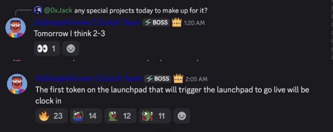 Discord chat screenshots showing messages from OxSimpleFarmer in the Clutch Team BOSS channel, discussing projects and mentioning 'The first token on the launchpad that will trigger the launchpad to go live will be clock in.'