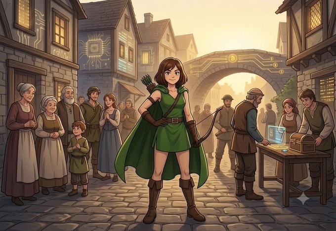Stylized illustration of a woman in a green tunic and cape holding a bow and arrow, standing in a medieval village setting where townspeople gather around a table with a glowing laptop, blending fantasy elements with cryptocurrency motifs.