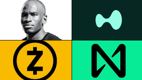 A black and white portrait of a man, accompanied by three logos - a $ZZ symbol, a green "N" logo, and a blue "M" logo.