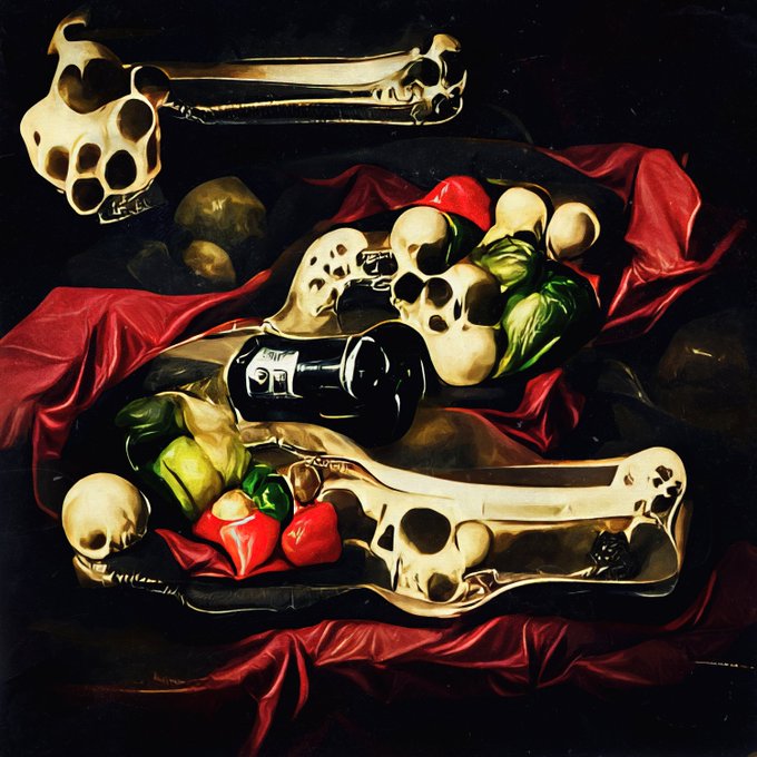 A dark still life painting in the style of vanitas featuring animal skulls, bones, peppers, and other produce arranged on red draped fabric against a black background.