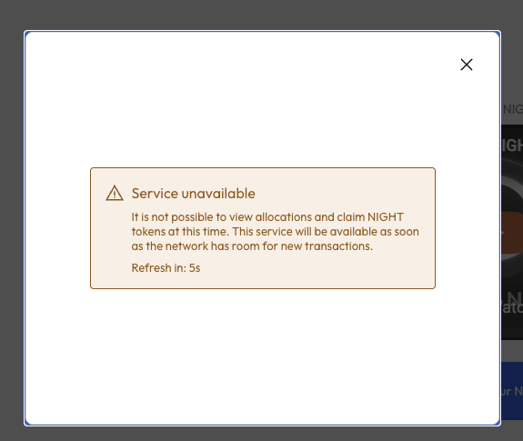 A 'Service unavailable' warning dialog stating it is not possible to view allocations and claim NIGHT tokens, with a refresh timer counting down from 5 seconds.