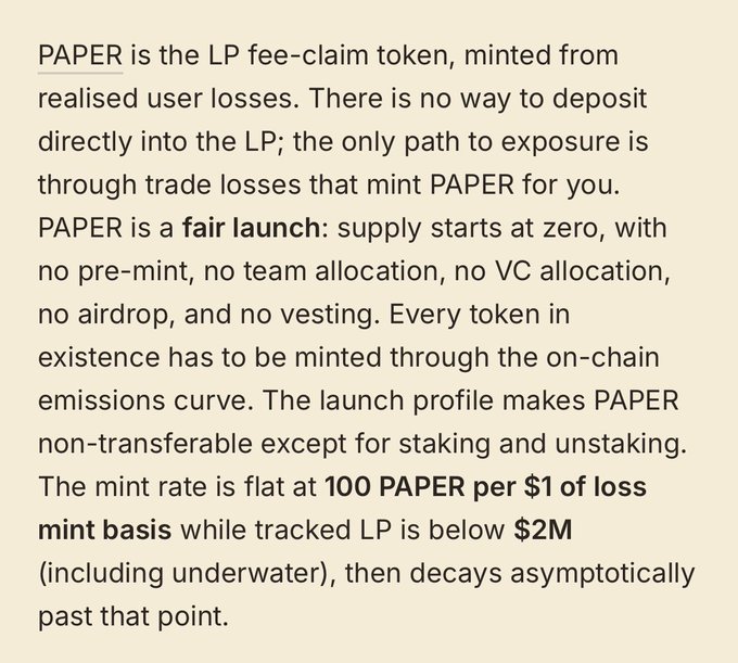 The image describes PAPER, a non-transferable LP fee-claim token launched with zero pre-mint, minting at a flat rate of 100 PAPER per $1 of realized trading losses until tracked LP exceeds $2M, after which emissions decay asymptotically.

The caption relates to the post's framing of early trading urgency—since PAPER is fair-launched with no pre-mint and only mints through actual realized losses, being among the first traders (winners or losers) determines who captures the early, highest-rate emissions before the decay curve kicks in past the $2M LP threshold.