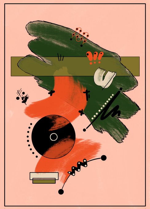The image features an abstract art piece that includes various shapes, lines, and colors such as red, green, black, white, orange, and gray. The artwork appears to be a mix of different styles and techniques, creating a visually interesting composition. The post in question is about finding the light when you feel like walking through a dark forest with no end in sight, which could be interpreted as a metaphor for the artist's creative process or an exploration of emotions and experiences.