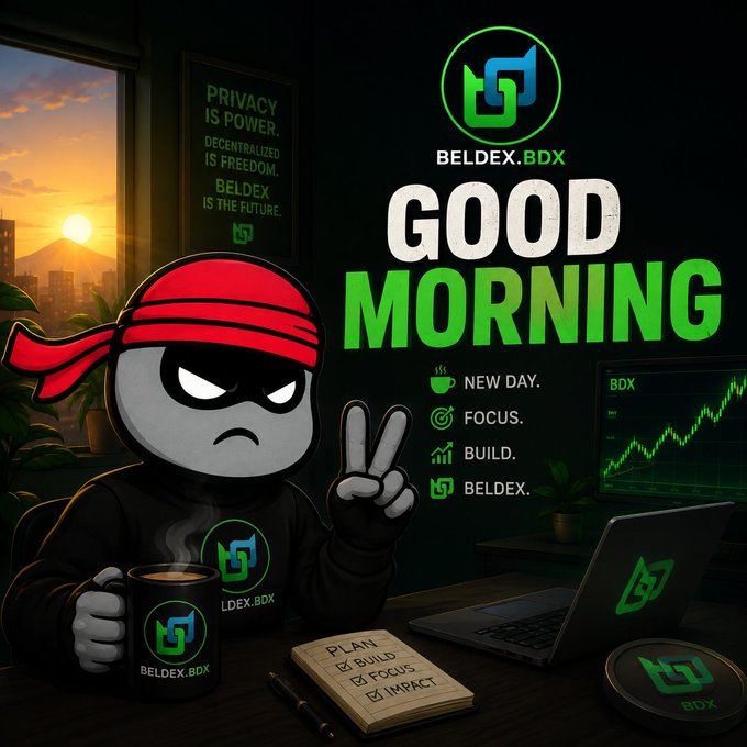 A digital illustration featuring a ninja-like character wearing a red headband and a Beldex-branded hoodie, sitting at a desk with a coffee mug, a notebook labeled 'PLAN: BUILD, FOCUS, IMPACT', and a laptop. The text 'GOOD MORNING' is displayed prominently with the BELDEX.BDX logo and the slogans 'PRIVACY IS POWER, DECENTRALIZED IS FREEDOM, BELDEX IS THE FUTURE.'