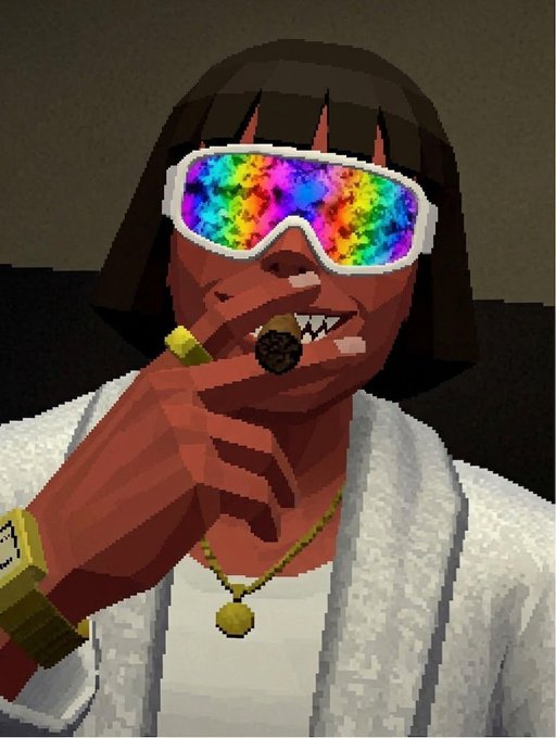 A low-poly 3D rendering of a stylized character with a dark bob haircut, wearing a white fur-lined coat, gold chain with pendant, and gold watch, holding a cigar while sporting oversized white-framed ski goggles with rainbow tie-dye psychedelic lenses covering their eyes.