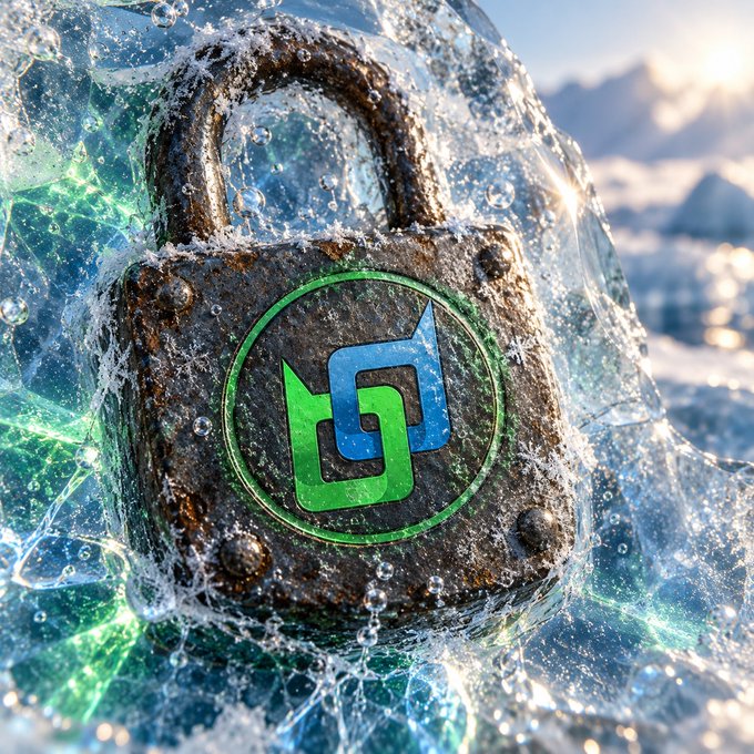 Artistic render of a Padlock Crypto token logo encased in ice with an arctic mountain landscape in the background.