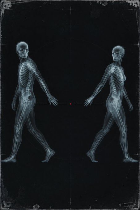 An X-ray style image showing two human skeletons facing each other in a walking pose, with a red dot between them on a dark background.