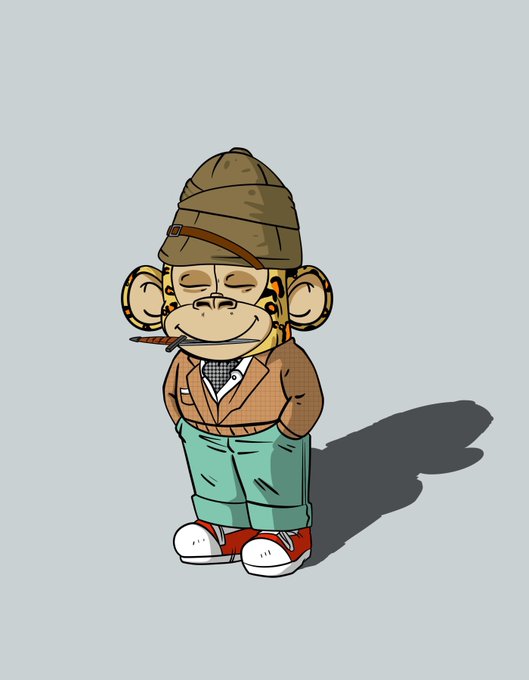 A cartoon illustration of a monkey character wearing a brown beanie, brown jacket, green pants, and red shoes, with a cigarette in its mouth.