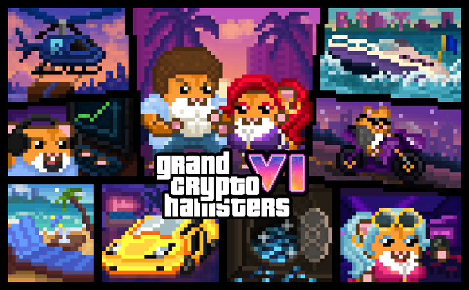 Pixel art collage for 'Grand Crypto Hamsters VI' featuring hamster characters in various scenes including a helicopter, boat, sports car, and cityscape backgrounds.