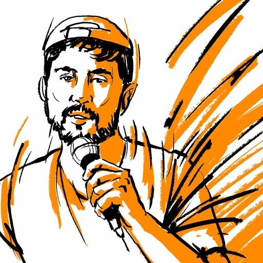 A stylized black, white, and orange sketch depicts a bearded man wearing a cap and speaking into a microphone.
