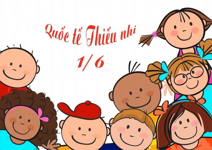The image features a group of children with big smiles, all gathered together. The text "Qui' te Thieu nhi" can be seen above them, which translates to "Good morning everyone!". The children are arranged in two rows, one on top and another below them. They appear to be posing for the camera or simply enjoying each other's company.