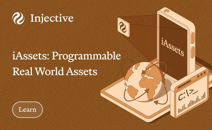 A promotional banner for "Injective" featuring the text "iAssets: Programmable Real World Assets" alongside an illustration of a smartphone displaying "iAssets" and a globe representing the earth.