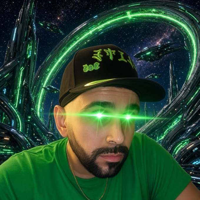 A man wearing a green shirt and a black cap with green lettering that reads '2024' has glowing green laser beams shooting from his eyes, set against a sci-fi cosmic background with futuristic structures.