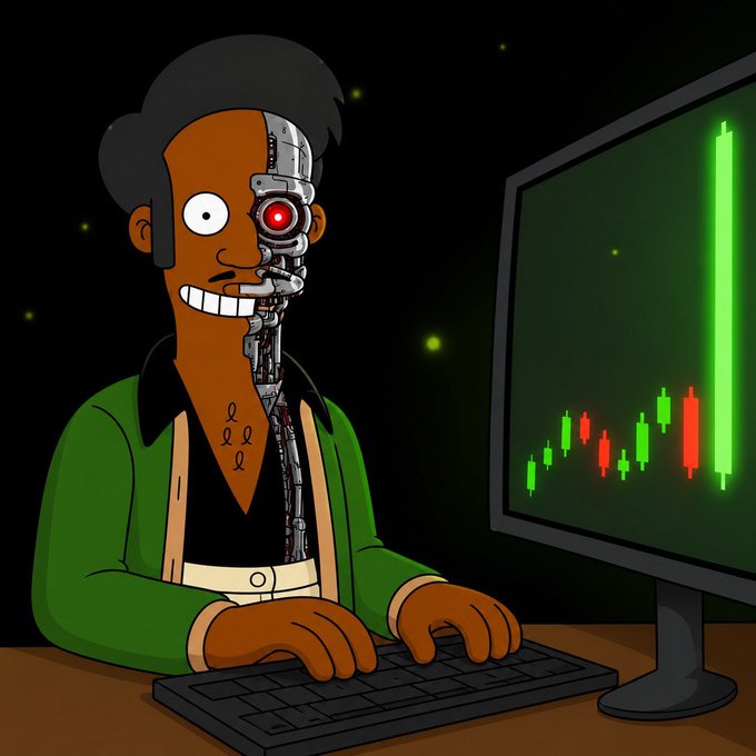 A cartoon illustration depicts a cyborg man with half his face as machinery and a red glowing eye, smiling while typing on a keyboard, with a computer monitor showing a stock chart with green and red candlesticks.