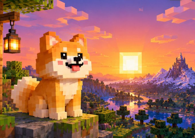 A pixel art illustration shows a cute Shiba Inu dog sitting on a grassy block with its tongue out, set against a Minecraft-style sunset landscape with a square sun.