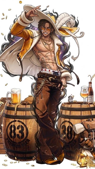 An anime-style illustration of a stylish man with a white hat, yellow jacket, and chain accessories posing confidently between two barrels labeled '83' and '78', with beer mugs and bottles around him.