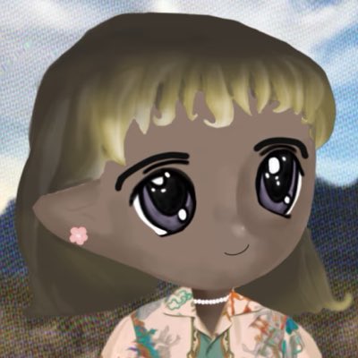 A cartoon-style chibi character with big purple eyes, dark hair with blonde bangs, a small pink flower earring, wearing a floral shirt, set against a blue sky background.