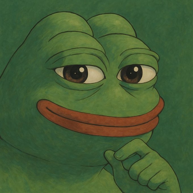 A painted illustration of the classic green Pepe the Frog meme character with a subtle smile.