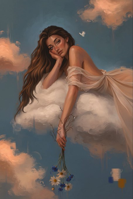 A painting-style digital illustration of a young woman with long brown hair wearing a flowing white dress, resting on a cloud in a sky filled with peach-colored clouds while holding a bouquet of blue and white flowers.