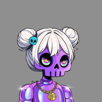 An illustration of a stylized character with a purple skull-like face, large colorful eyes, white hair in buns with a teal skull accessory, wearing a purple metallic outfit with a gold 'DNG' chain.