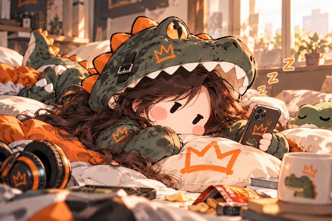 An illustration of a cute girl in a dinosaur onesie sleeping while holding a phone, surrounded by snack wrappers and gaming peripherals, with "Zzz" indicating sleep.