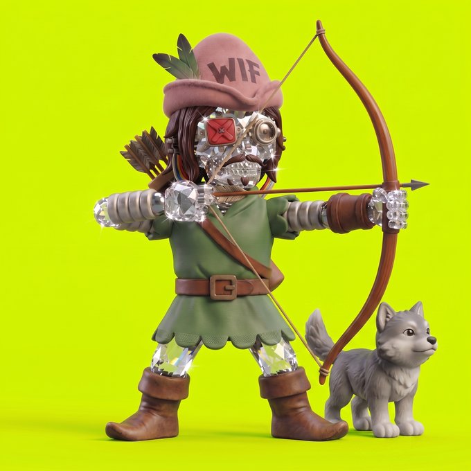 A stylized 3D character with crystal-like limbs, wearing a pink hat that says "WIF", a green tunic, and boots, draws a bow and arrow alongside a small gray wolf-like dog against a bright green background.
