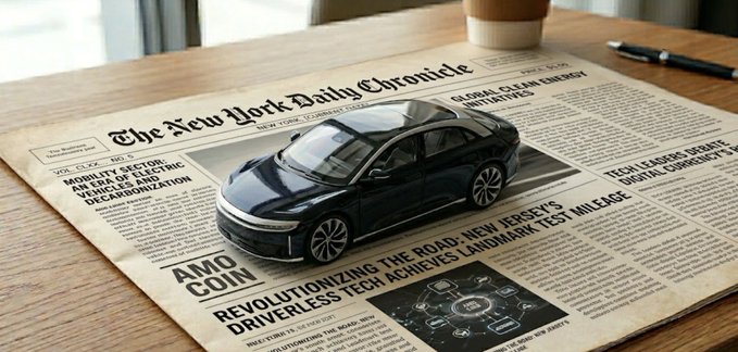 The image features a newspaper with an advertisement for a car company called Amo. The car model shown in the ad is a black sports car, which appears to be a toy or a miniature replica of the actual vehicle. The newspaper has a headline that reads "AMO 2026 May 4th Week News Summary Hello." This suggests that the image was taken during the fourth week of May and is related to an advertisement for Amo's product.