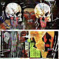 The image features two skulls with red eyes and white teeth, one larger than the other, placed against a black background. The skulls are accompanied by various objects such as a book titled "Yossi" and a clock that reads "1:00". The overall composition of the image suggests it is an art piece or digital painting created by @AkkrinCA.