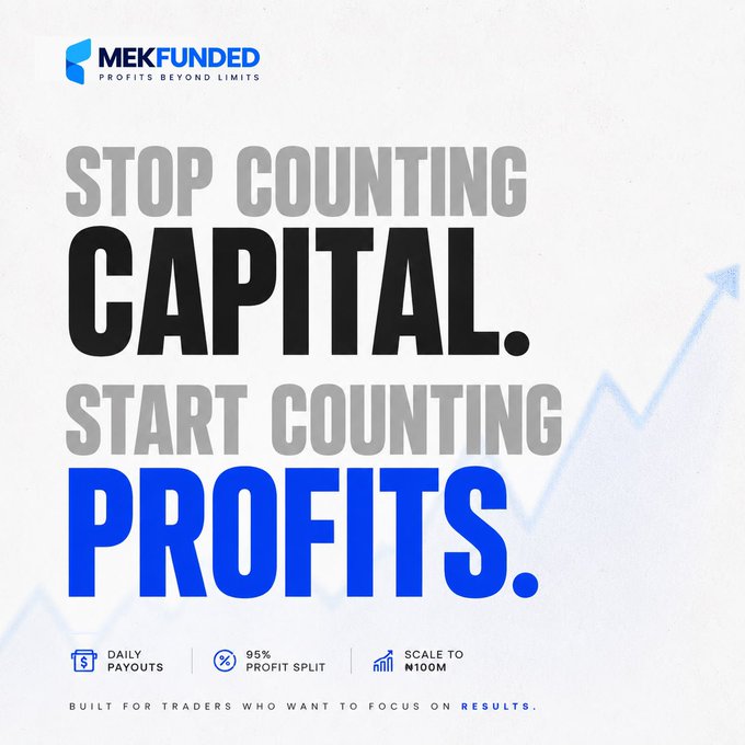 Marketing graphic for MEK Funded with the headline 'STOP COUNTING CAPITAL. START COUNTING PROFITS.', highlighting features like daily payouts, 95% profit split, and scaling up to ₦100M.