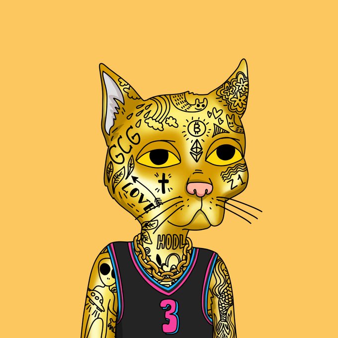 An illustration of a tattooed yellow cat wearing a black basketball jersey with the number '3', covered in doodle-style tattoos including 'GGS', 'LOVE', and 'HOOL'.