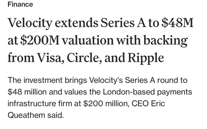 A news article snippet with the headline 'Velocity extends Series A to $48M at $200M valuation with backing from Visa, Circle, and Ripple,' noting CEO Eric Queathem.