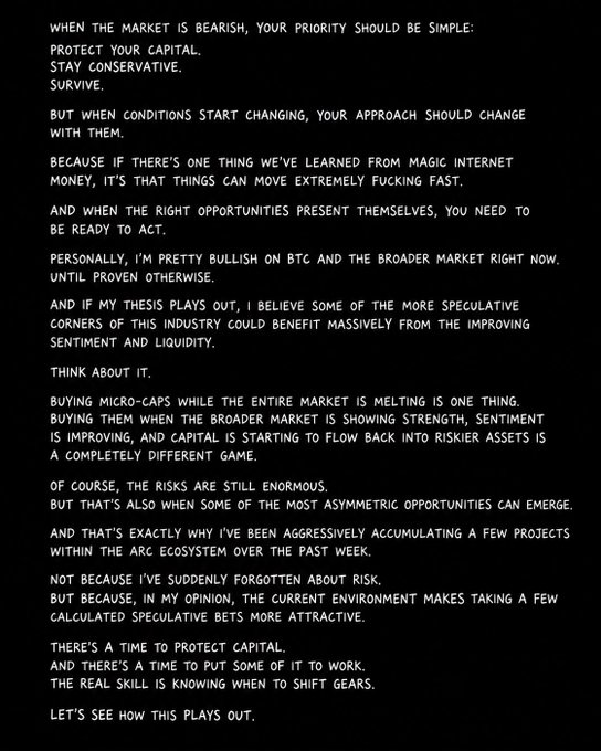 A text-based market commentary discussing crypto market conditions, mentioning being bullish on BTC and the broader market, and referencing speculative bets within the ARC ecosystem.
