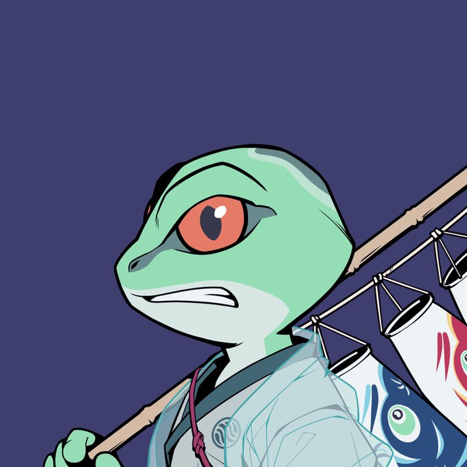 A cartoon illustration of a green anthropomorphic lizard character with red eyes, wearing traditional clothing and carrying a pole with lanterns on its back.