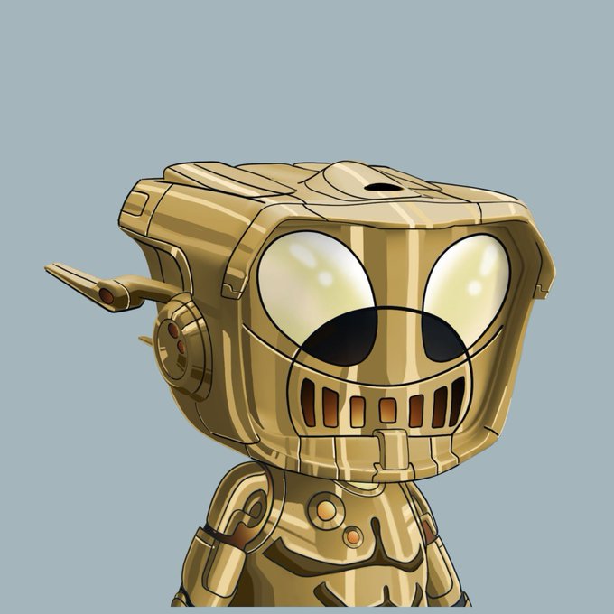A digital illustration of a stylized, cartoonish gold robot character with large eyes and a wide, toothy mouth against a light blue background.