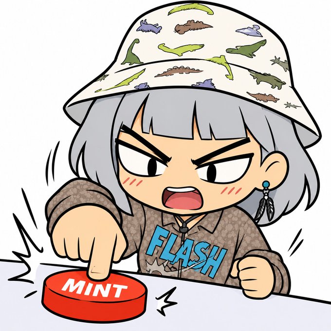 A cartoon illustration of an angry gray-haired character wearing a dinosaur-patterned bucket hat, aggressively pressing a red "MINT" button labeled "FLASH."