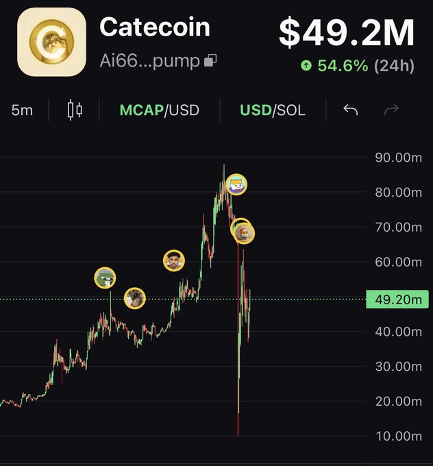 A price chart for Catecoin (Cate) shows a market cap of $49.2M, up 54.6% in 24 hours, with a volatile 5-minute candlestick pattern featuring meme face annotations at key price peaks, supporting the post's bullish call that the token is "free money" and hasn't crashed.
