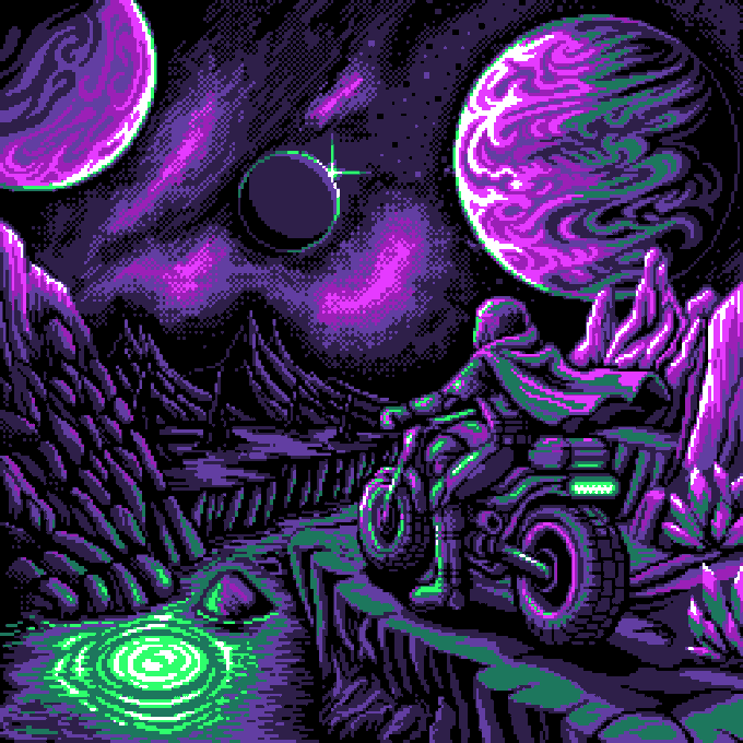 A pixel art illustration of an astronaut on a motorcycle overlooking an alien landscape with two large purple planets, green crystals, and a glowing green portal in the sky.