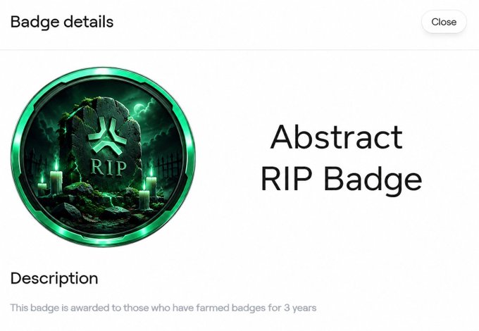 A 'Badge details' page features a green 'Abstract RIP Badge' depicting a graveyard tombstone, awarded for farming badges for 3 years.
