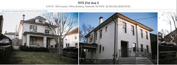 A real estate listing image for 1913 21st Ave S, Nashville, TN 37212—a 4,131 SF office building with 32% leased, priced at $2,305,500 ($558.10/SF)—shown in two exterior photos depicting a large white historic home. The listing's location near Bitcoin Park aligns with the post's playful suggestion that the property could become a neighbor to Bitcoin, potentially serving as a gathering spot dubbed the "Animal House of crypto."