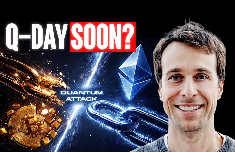 A YouTube thumbnail showing Vitalik Buterin smiling, with 'Q-DAY SOON?' text and an Ethereum logo being attacked by lightning and chains, illustrating a 'QUANTUM ATTACK'.