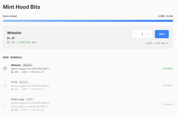 The image shows an OpenSea "Mint Hood Bits" NFT minting page with 4,466/4,444 items already minted (exceeding the supply), priced at $1.49, with whitelist, FCFS, and public stages listed. This relates to the user's complaint about OpenSea being buggy, as the "items minted" count (4,466) exceeds the total supply (4,444), indicating a glitch in the platform's mint tracking.