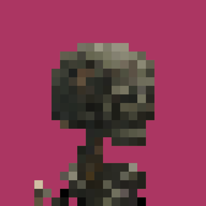 A heavily pixelated image showing a dark green, blocky character sprite against a magenta background.