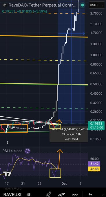 A TradingView candlestick chart for 'RaveDAO/Tether Perpetual Contract' (RAVEUSDT) showing a massive vertical price spike and an annotation highlighting a '7,346.83%' gain.