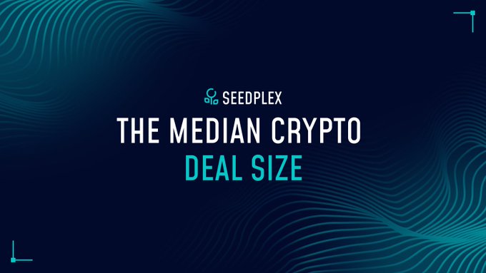 A dark blue title card with teal accents reading 'SEEDPLEX - THE MEDIAN CRYPTO DEAL SIZE' against a background of wavy line patterns.